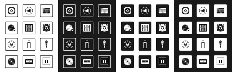 Set Music synthesizer, Sound mixer controller, Vinyl disk, Stereo speaker, Speaker volume, Microphone and Dial knob level technology settings icon. Vector