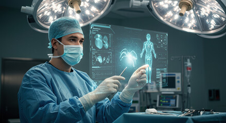 Doctor examining hologram of patient with modern technology in operating room. Modern technology is advancing in healthcare, patient hologram with surgeon in sterile medical environment,