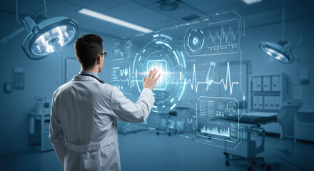 Doctor using virtual reality interface, displaying vital signs and medical data in hospital room. Doctor interacts with virtual reality technologies for monitoring patient health,