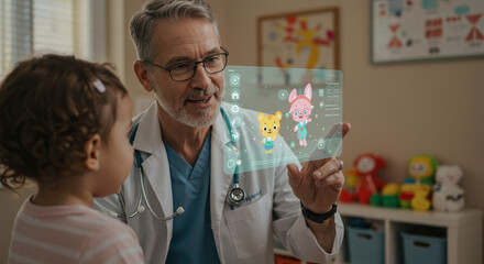 Pediatric consultation using holographic display to engage young patient. Pediatric consultation with doctor in white coat demonstrates children's animations.