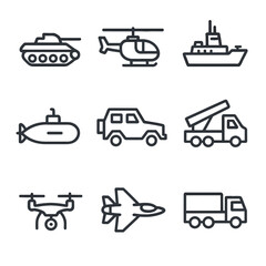 Fototapeta premium War Vehicles Icons. Outline icon set of war vehicles: tank, helicopter, battleship, submarine, armored car, missile launcher,