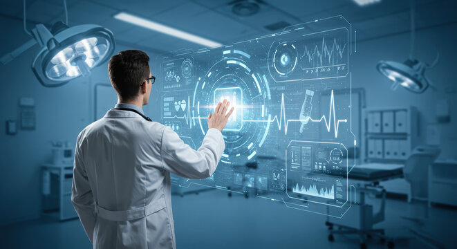 Doctor using virtual reality interface, displaying vital signs and medical data in hospital room. Doctor interacts with virtual reality technologies for monitoring patient health,