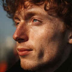 Fototapeta premium Side profile portrait of a 25-year-old skinny Caucasian male model with clear skin and freckles, under vibrant sunny daylight.