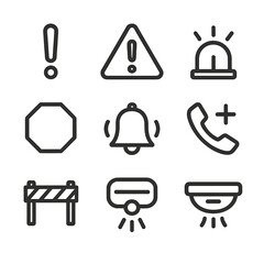 Warning Signal Icons. Outline icon set of warning signals: exclamation mark, hazard triangle, siren, flashing light, stop sign,