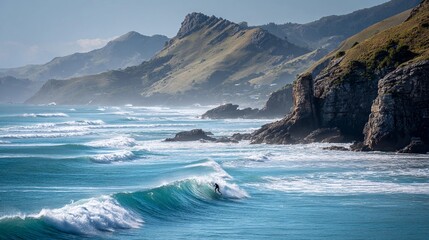 Surfer rides a wave along the rugged coastline, with mountains in the background under a clear blue sky during daytime