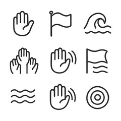 Obraz premium Wave Gesture Icons. Outline icon set of wave gestures: hand wave, flag wave, sea wave, cheer wave, wave motion, greeting wave,