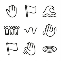 Fototapeta premium Wave Gesture Icons. Outline icon set of wave gestures: hand wave, flag wave, sea wave, cheer wave, wave motion, greeting wave,