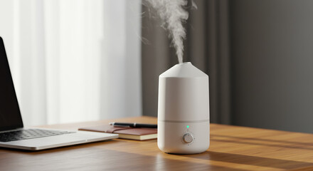 Modern ultrasonic humidifier emits a gentle mist on office desk, ultrasonic humidifier cleans and refreshes dry air. Ultrasonic humidifier is a versatile tool for home or office, enhancing well being.