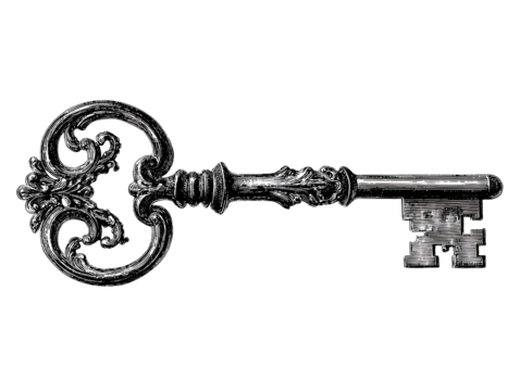  Minimal Line Art of Vintage Key with Ornamental Top and Jagged Bit Stylized Outline PNG  