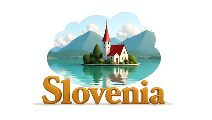 Naklejka premium 3D illustration of Lake Bled, Slovenia’s most famous lake, known for its picturesque island church and stunning natural scenery. The word 'Slovenia' in 3D letters below. 2