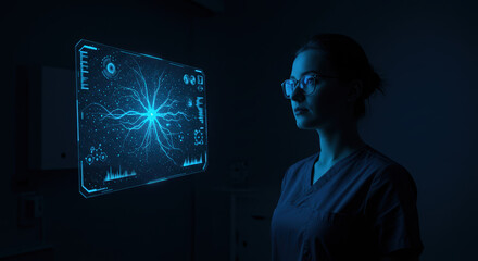Doctor examining virtual screen with blue neural network data. Virtual screen analysis reveals brain activity insights, helping inform medical decisions.