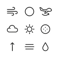 Weather Icon Set. Outline icon set of glide weather conditions: gentle breeze, calm sky, thermal uplift, light clouds, sun rays,