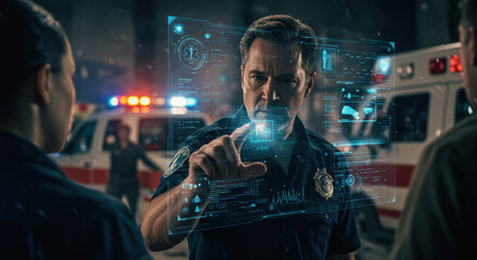 Paramedic analyzing data interface with holographic display for improved emergency response. Data interface insights offer paramedics ability to improve patient outcomes.