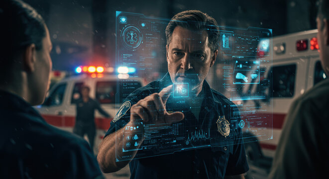 Paramedic analyzing data interface with holographic display for improved emergency response. Data interface insights offer paramedics ability to improve patient outcomes.