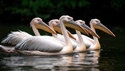 Five pelicans in a row on water