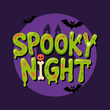 Halloween spooky night lettering, green text with bats, haunted forest background, party design, cartoon vector illustration