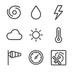 Fototapeta premium Weather Monitoring Icons. Outline icon set of satellite weather monitoring: cyclone, raindrop, lightning bolt, cloud, sun,