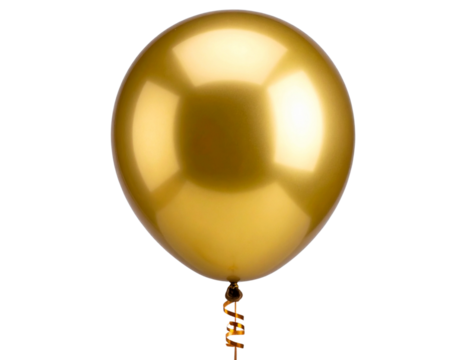  Single Gold Balloon with Twisting Ribbon, Side View with Light Reflection, Isolated
