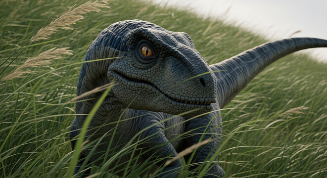 Juvenile velociraptor mongoliensis in tall grass.  Young velociraptor mongoliensis is hiding in field of tall grass.