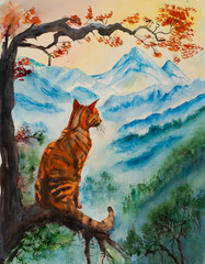 A cat sitting in a tree in the mountains