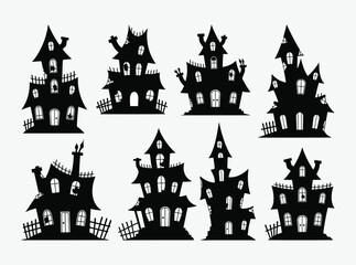 Collection of spooky, stylized haunted house silhouettes, perfect for Halloween design elements.