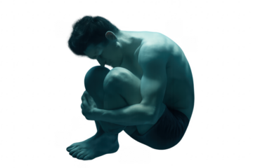 Man Curled Up in Fetal Position on Transparent Background
