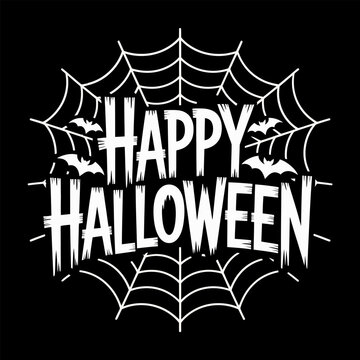Happy halloween spider web detail, black and white theme, festive typography, spooky party vector, holiday design
