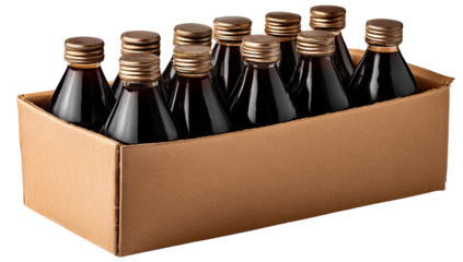 A cardboard box filled with twelve dark-colored bottles, likely juice or drink, with metal caps