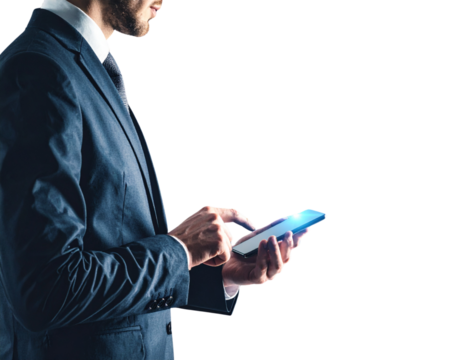  Side View of Businessman Interacting with AI Interface from Smartphone, Circuit Grid Background