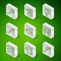 Set line Knife, Oven glove, Spatula, Fish, Bread knife, Steak meat and, Sausage and Stereo speaker icon. Vector
