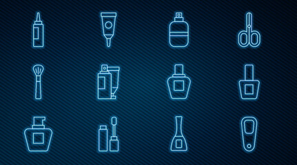 Set line Pumice for feet, Nail polish bottle, Perfume, Cream lotion cosmetic tube, Makeup brush, and icon. Vector