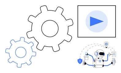 Gears and play button symbolize automation and workflow. Robot manages security, settings, and multimedia. Ideal for technology, productivity, workflow, AI, innovation process automation simple