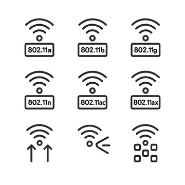 Wi-Fi Standards Icons. Outline icon set of Wi-Fi standards and technologies: 802.11a icon, 802.11b icon, 802.11g icon, 802.11n