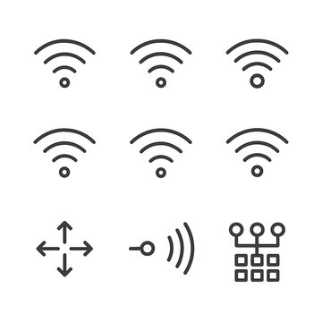 Wi-Fi Standards Icons. Outline icon set of Wi-Fi standards and technologies: 802.11a icon, 802.11b icon, 802.11g icon, 802.11n