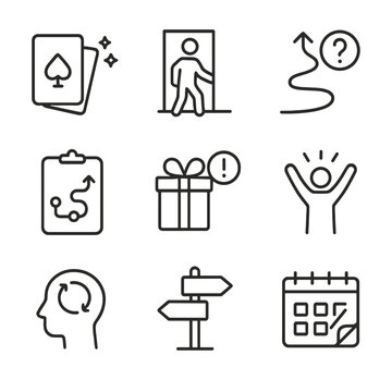 Wild Card Icons. Outline icon set of wild card in personal growth: taking risk, stepping out, unknown path, flexible plan,