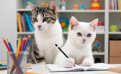 cute kitty doing homework