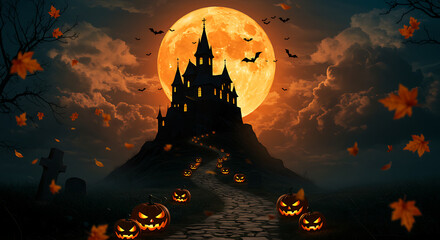 Haunted castle on a hill with glowing jack o lantern pumpkins lining a winding path under a giant orange full moon with flying bats and falling autumn leaves on halloween night