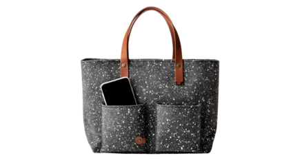 Gray tote bag with small pockets and tan handles.  A phone rests inside