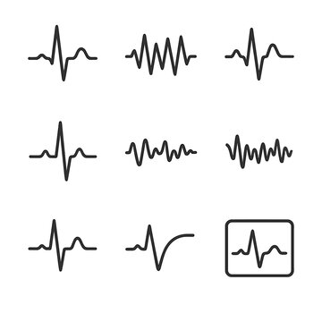 Heart Rhythm Icon Set. Outline icon set of heart rhythm visualization: sinus rhythm, tachycardia waveform, bradycardia waveform,