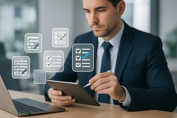 Project manager uses a tablet and stylus to organize and track multiple ongoing tasks and documents on a futuristic digital workflow management system.