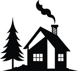 Silhouette of a cozy cabin with a pine tree isolated on white background