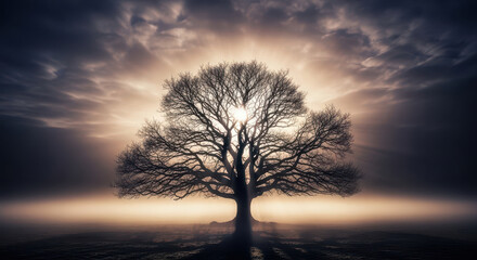  a majestic, ancient oak tree silhouetted against a dramatic sky with sunlight breaking through the clouds