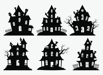 Six spooky silhouette illustrations of haunted houses, perfect for Halloween.