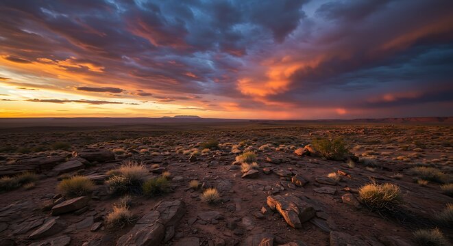  A wide-angle view of a vast, rocky desert landscape under a dramatic and fiery sunset, with the sky filled with intense orange and purple clouds.