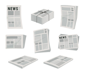 Vector set of stack of tabloid newspapers arranged in different orientations, showcasing various layout designs and highlighting current news topics and articles.