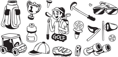 Golf Player and Equipment Vector Set &ndash; Sport, Game, Outdoor, Athlete, Club, Ball, Hobby, Competition, Recreation, Cartoon, Character, Fun, Play, Activity, Leisure, Training, Lifestyle