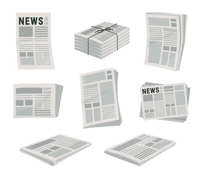 Vector set of stack of tabloid newspapers arranged in different orientations, showcasing various layout designs and highlighting current news topics and articles.
