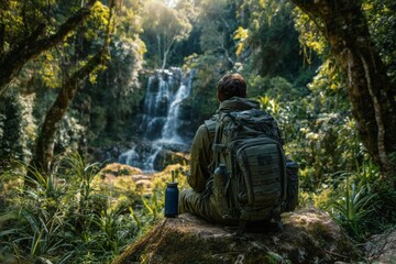 Young man with a backpack resting on a rock, admiring a beautiful waterfall in the lush green forest.