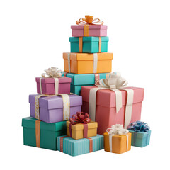 There is a stack of colorful gift boxes adorned with ribbons. The gifts are stacked on top of each other and come in various colors and sizes isolated on white and transparent background.