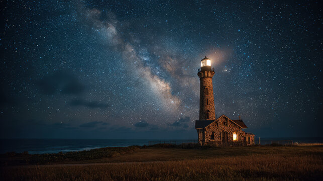Starry night sky over coastal lighthouse ocean view landscape photography tranquil environment nighttime scene
